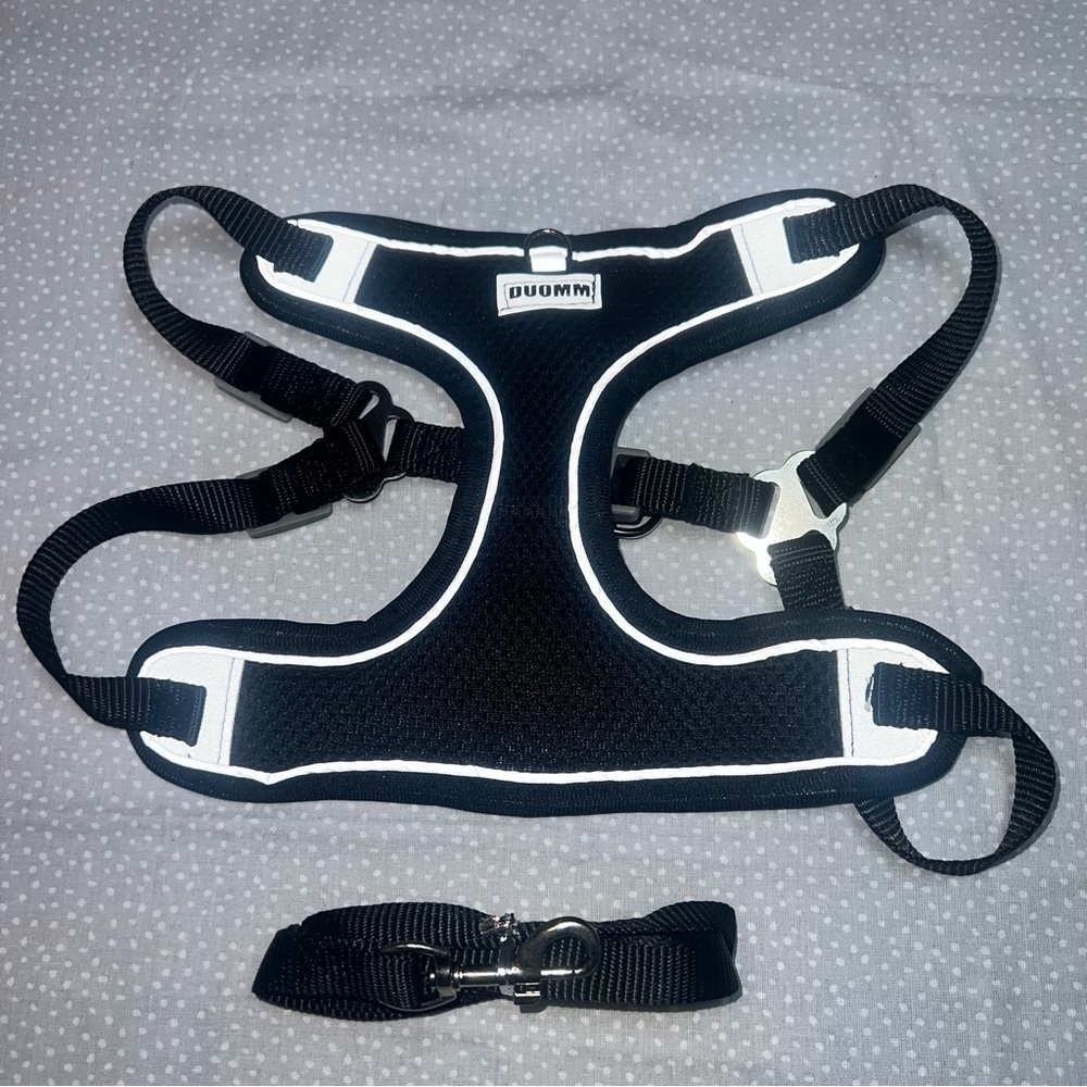 Black and White Dog Harness with Leash